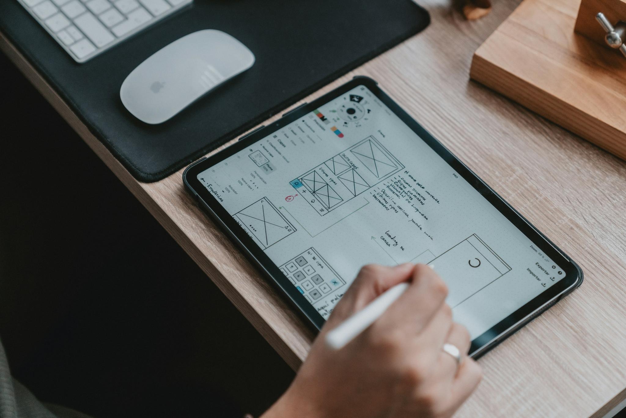 Hand mit Stift skizziert Wireframes auf einem Tablet